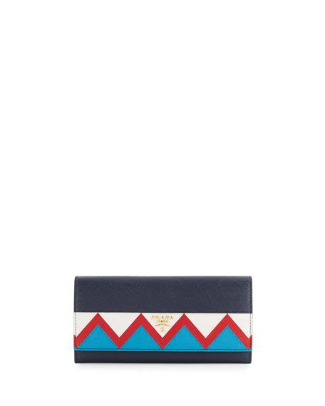 Prada Saffiano Greca Flap Wallet, Blue/White/Red  